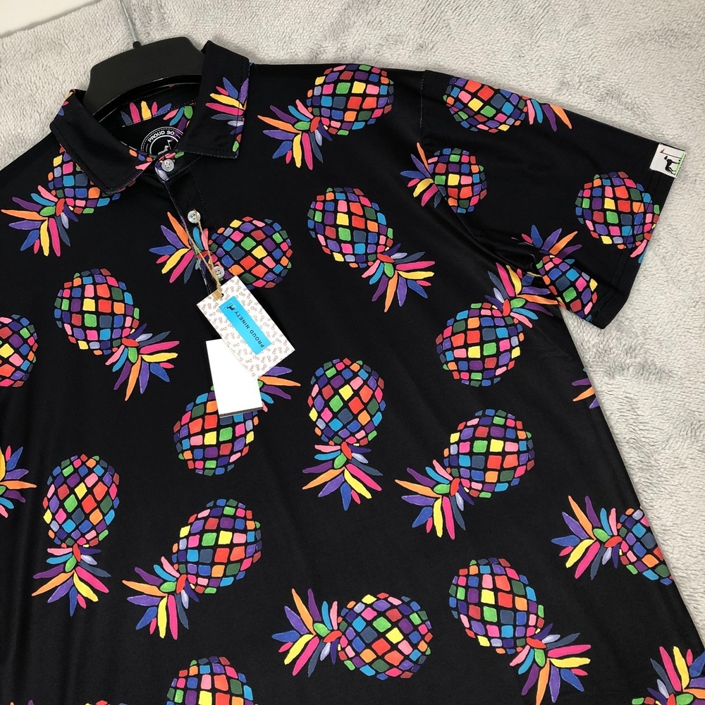 Proud 90 Golf Polo Shirt Men's Large Black AOP Pineapples Multicolored Rainbow